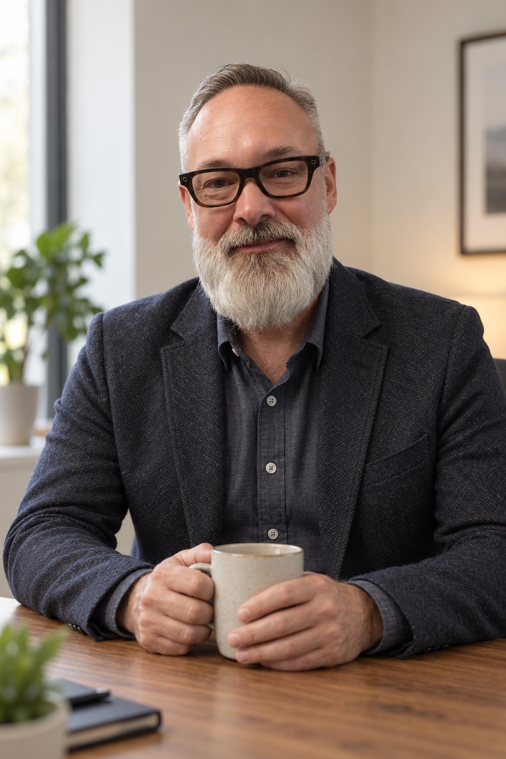 Dr. W. Garrett Goggans seated with a coffee cup in a professional editorial portrait.