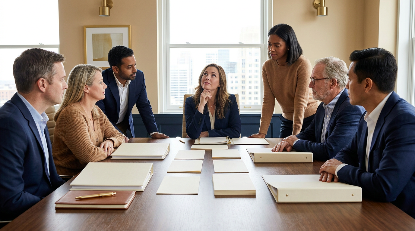 Identity-driven leadership shown through professionals in a development conversation around a conference table.